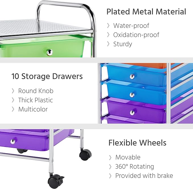 Yaheetech 10 Drawer Cart Rolling Plastic Storage Cart and Organizer - Image 4