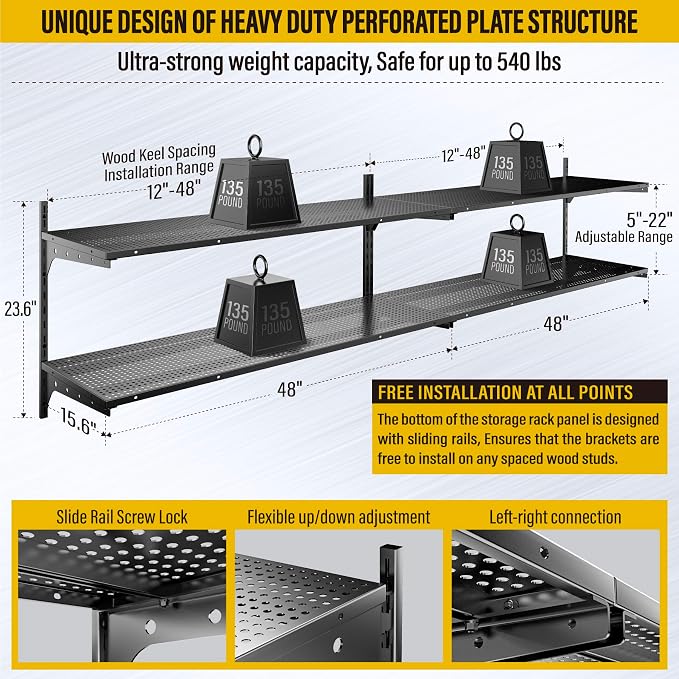 2-Pack 2 Tier 1.3x4ft Garage Shelving Wall Mounted, 15.6x48inch per Shelf - Image 3