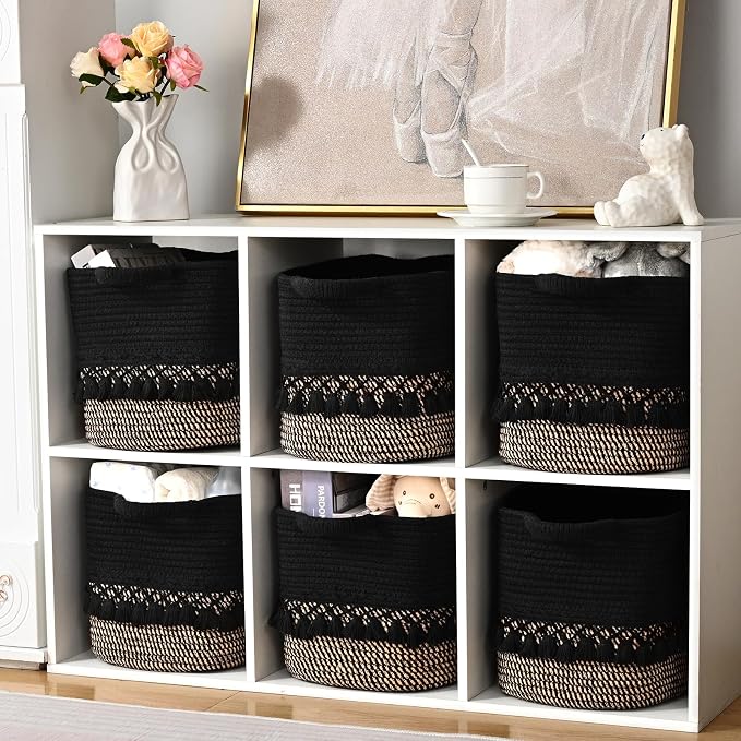 6 Pack Storage Basket for Shelves, Boho Cotton Rope Storage Bins - Image 4