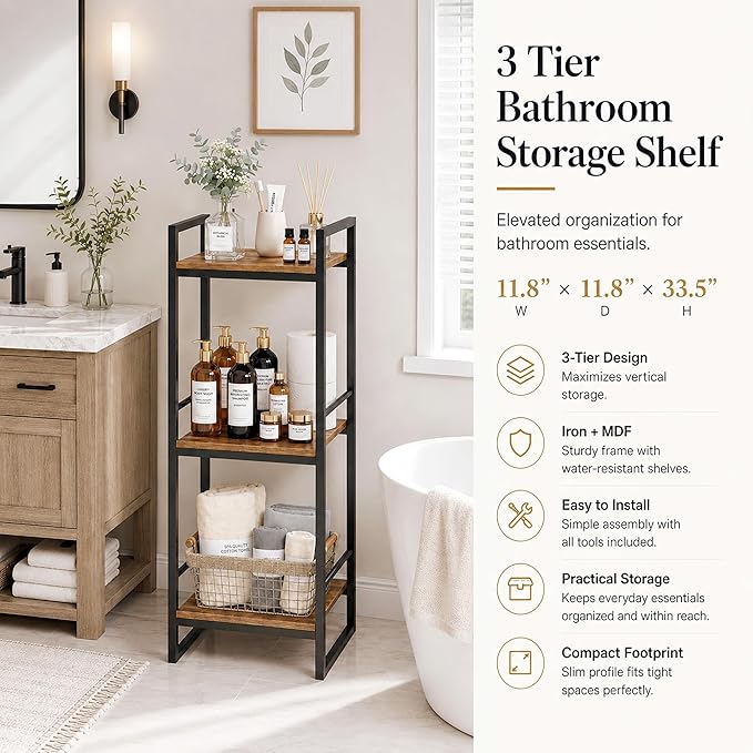 BYFU 3 Tier Bathroom Storage Open Shelf Rustic Brown Metal Corner Rack | 33.5" - Image 5