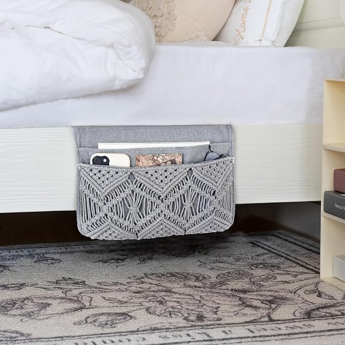 Mkono Macrame Bedside Caddy Storage Organizer Boho Remote Control Tablet - Image 2
