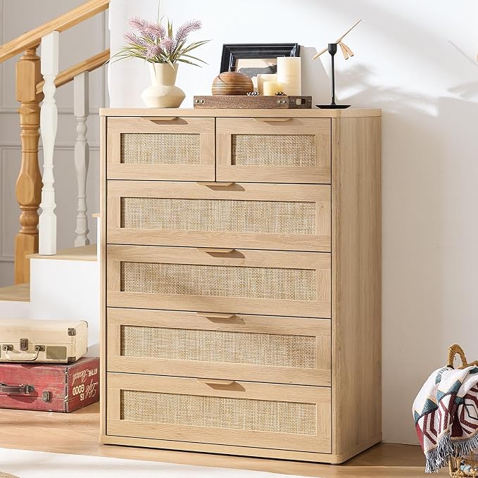 LEYAOYAO Rattan Dresser for Bedroom Set of 2, Modern 6 Drawers Boho Dressers - Image 9