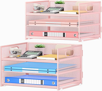 Subekyu 2-Pack 3-Tier Pink Metal Mesh Desk Paper Letter Tray & File Sorter by SUBEKYU