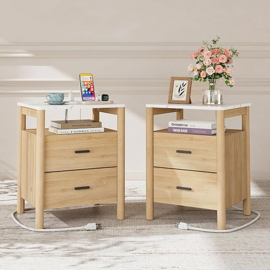 Night Stand Set of 2 with Charging Station, 2 Drawers End Table with Solid by FavourLife