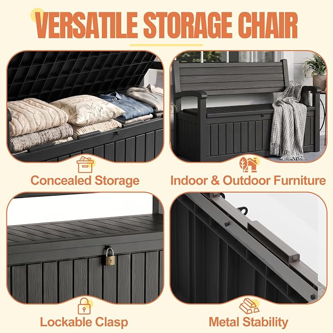 Storage Bench Outdoor Deck Box, 100 Gallon Waterproof & UV Resistant Lockable - Image 2