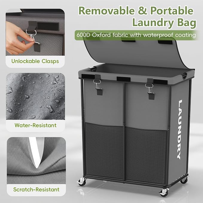 Laundry Hamper with Wheels and Lid, 225L Heavy Duty Rolling Laundry Basket - Image 6