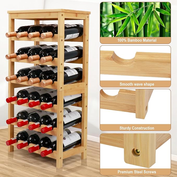 Wine Rack Free Standing Floor, 6-Tier 24 Bottles Display Wine Storage Shelves - Image 4