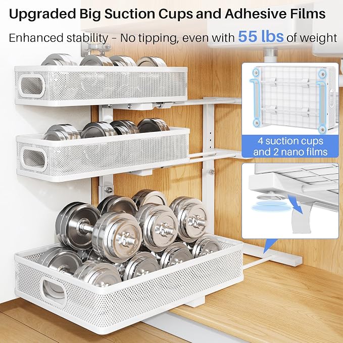 Under Sink Organizer, Height Adjustable Slide out Storage Drawer Rack - Image 6
