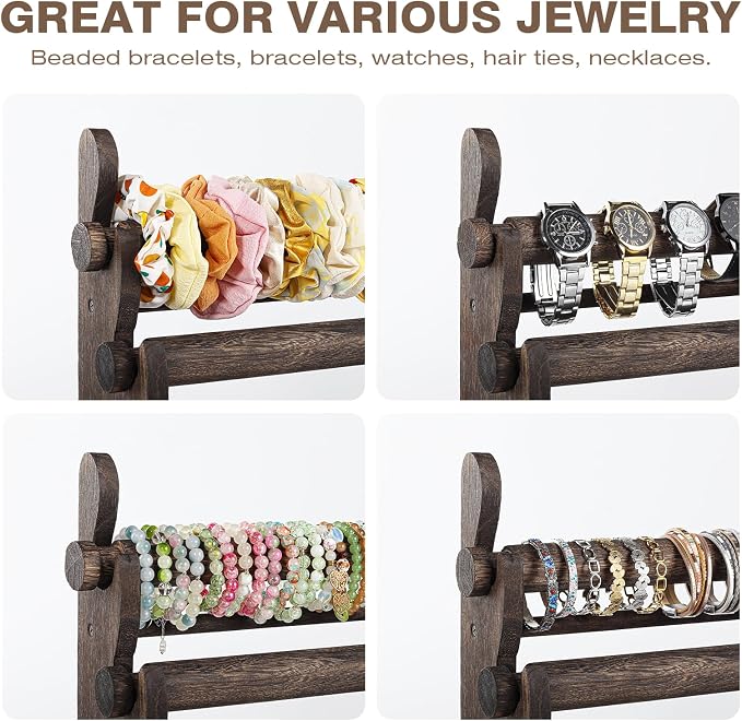 TOPNEW 5 Tier Wooden Bracelet Holder, Scrunchie Bangle Watch Necklace Display - Image 6