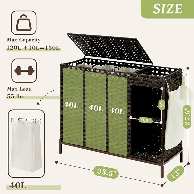 Laundry Hamper with Lid, 130L Rattan Laundry Hamper 3 Section with 50L Storage - Image 2