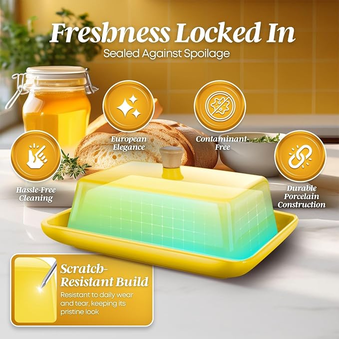 Flexzion Ceramic Yellow European Butter Dish - Image 7