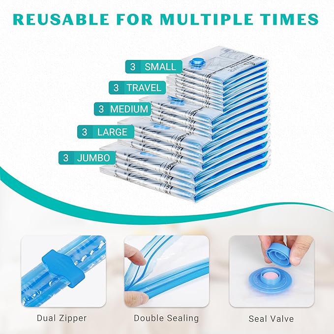 15 Pack Vacuum Seal Bags for Clothing &Travel, Space Saver Vacuum Storage Bags - Image 4