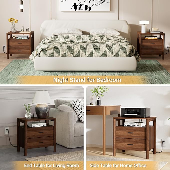 Night Stand Set of 2 with Charging Station, 2 Drawers End Table with Open Shelf - Image 6