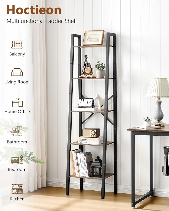 Hoctieon 5-Tier Industrial Ladder Bookshelf, Narrow Ladder Shelf, Tall Standing - Image 3