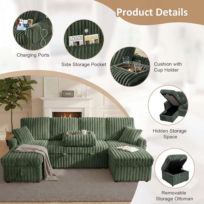 KCGKCG 104" U Shaped Sleeper Sofa Bed, Sectional Couches - Image 4