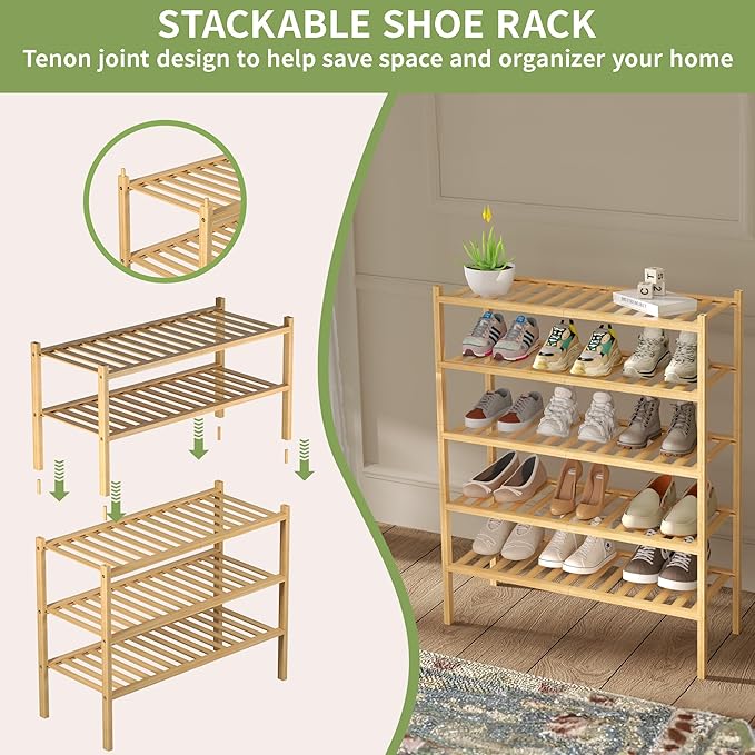 3 Tier Bamboo Shoe Rack for Closet Free Standing Wood Shoe Shelf Storage - Image 5