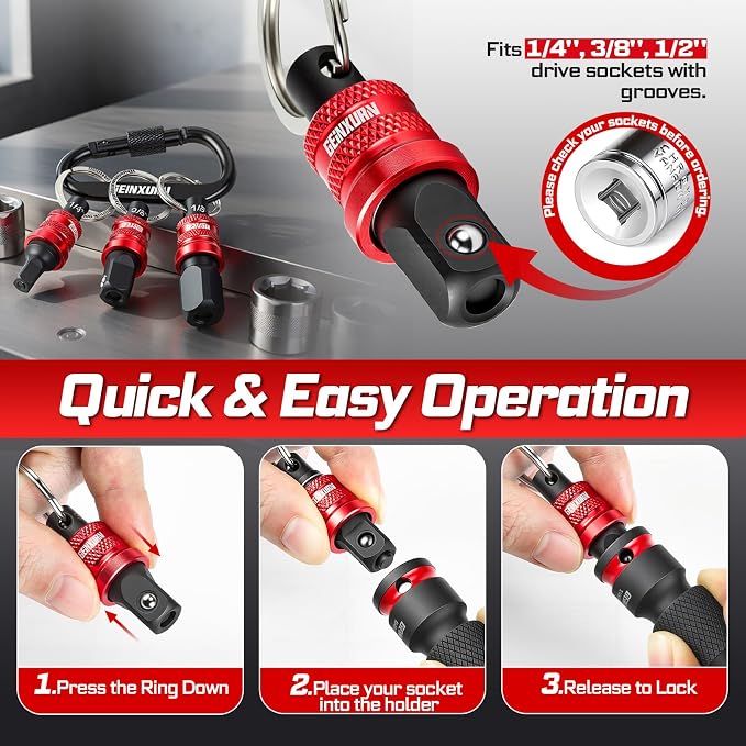 Geinxurn 3Pcs Socket Holder Keychain, 1/4"3/8"1/2" Drive Quick Release & Quick - Image 5