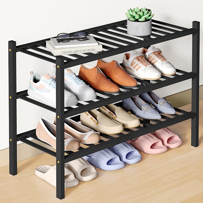 Smiry Bamboo Shoe Rack for Closet, 3 Tier Wooden Stackable Shoe Organizer by Smiry