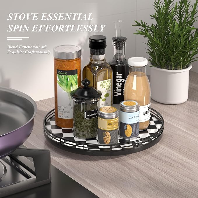 Black and White Kitchen Lazy Susan Turntable – Round Checkered Decorative Tray - Image 5