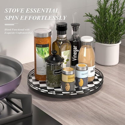Black and White Kitchen Lazy Susan Turntable – Round Checkered Decorative Tray - Image 5