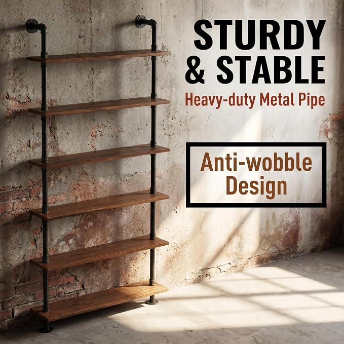 Industrial Pipe Bookshelf, 6 Layer Rustic Modern Wood Ladder Shelf - Image 3