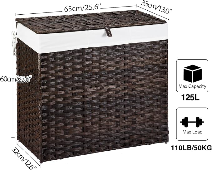 Greenstell Laundry Hamper with Lid, 125L Large Clothes Hamper with 3 Section & - Image 4