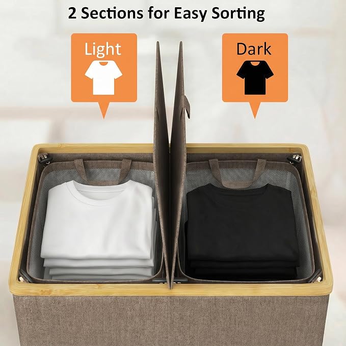efluky Laundry Hamper with Lid, Double Laundry Basket with 2 Removable Bags - Image 4