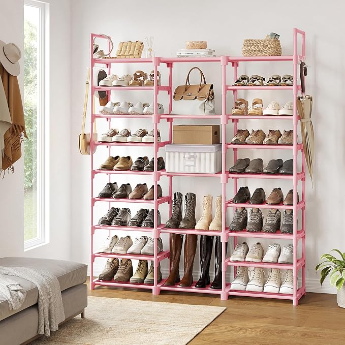 WOWLIVE 9 Tier 3-Column Shoe Rack, 50-55 Pairs Stackable Pink | 50in long - Image 2