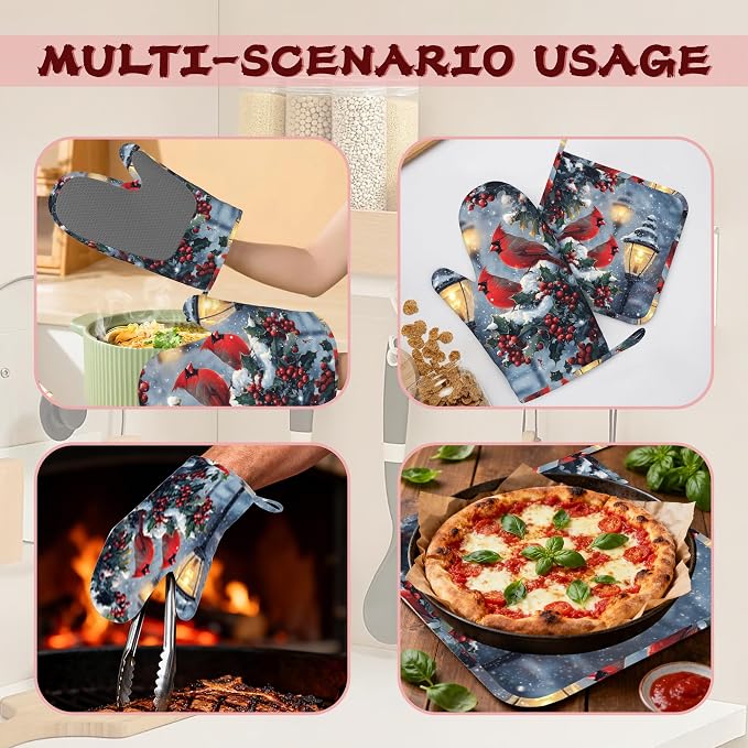 Christmas Berries Heat-Resistant Silicone Oven Mitts and Pot Holder 4 Piece Set - Image 6