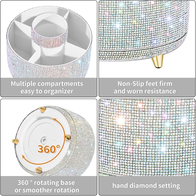 fanado Bling Diamond Makeup Brush Holder, 360° Rotating Makeup Organizer - Image 3