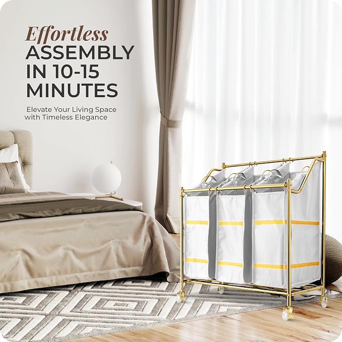 LUXURY STYLE 3- Sections Laundry Sorter, Roling Laundry Cart, Modern Golden - Image 8