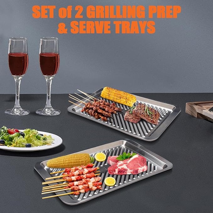 Grilling Prep and Serve Trays Set of 2 Stackable Stainless Steel BBQ Trays - Image 7