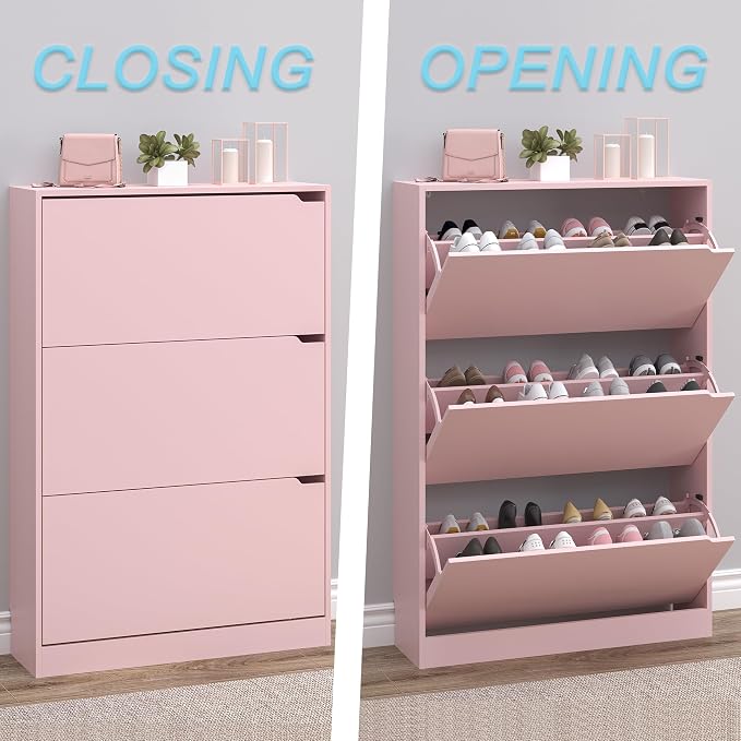 BORNOON Shoe Cabinet with 3 Flip Drawers, Hidden Wood Shoe Cabinet, - Image 5