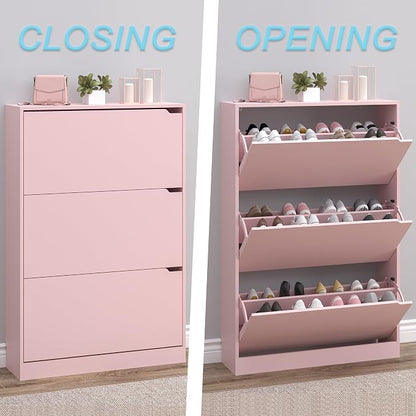 BORNOON Shoe Cabinet with 3 Flip Drawers, Hidden Wood Shoe Cabinet, - Image 5