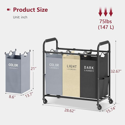 Tajsoon 3 Bag Laundry Sorter Cart, Laundry Hamper Sorter Basket - Image 7