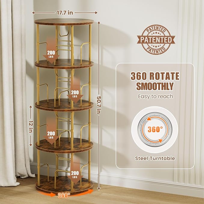Flycity 4 Tier Rotating Bookshelf, 360° Corner Bookshelf Tower, Round Revolving - Image 2