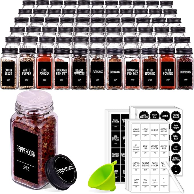 Churboro 66 Spice Jars with 547 Labels- Glass Spice Jars with Black Metal Caps by Churboro
