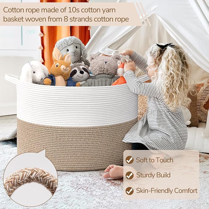 INDRESSME 115L Extra Large Blanket Basket, Soft Cotton Rope Storage Baskets - Image 3
