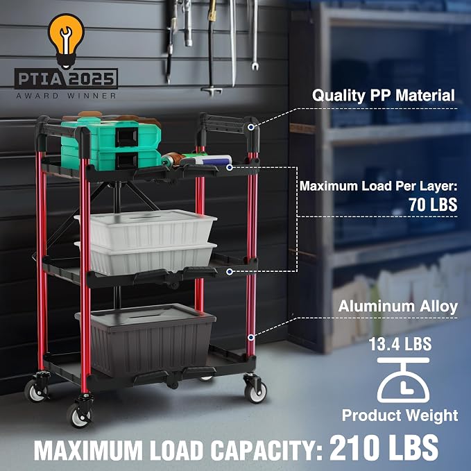 WORKPRO 3-Tier Collapsible Service Cart, 210 LBS Foldable Utility Service Cart - Image 4