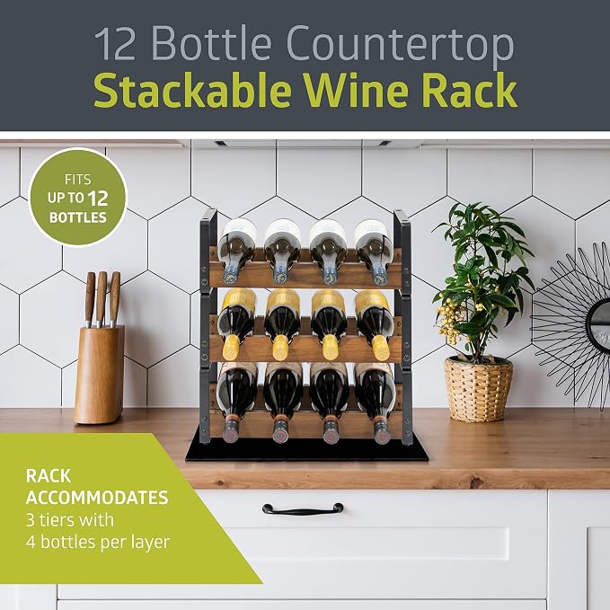 Pearington 12 Bottle Stackable Wine Rack, Rustic 3-Tier Solid Acacia Wood and - Image 2