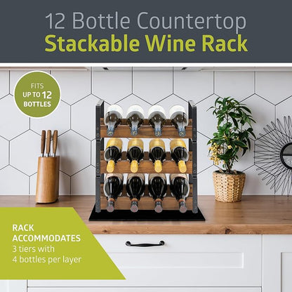 Pearington 12 Bottle Stackable Wine Rack, Rustic 3-Tier Solid Acacia Wood and - Image 2