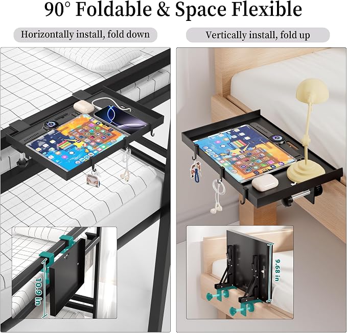 Foldable Bedside Shelf, Metal Clip-On Bed Tray Table - Image 3