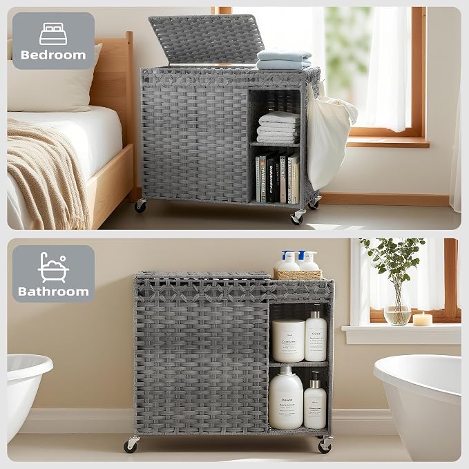 Laundry Hamper with Lid, 160L Rattan Wicker Laundry Basket with Wheels - Image 9