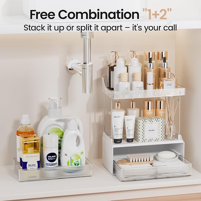 Delamu Bathroom Organizers and Storage, 2 Tier 2 Drawer Makeup Organizer - Image 5