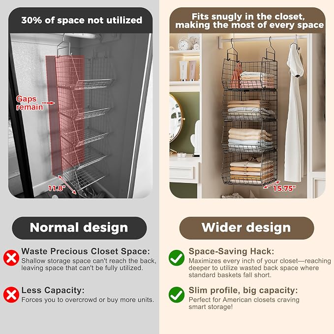 4" Extra Deeper Hanging Closet Organizers and Storage, 4 Tier Foldable Wire - Image 4