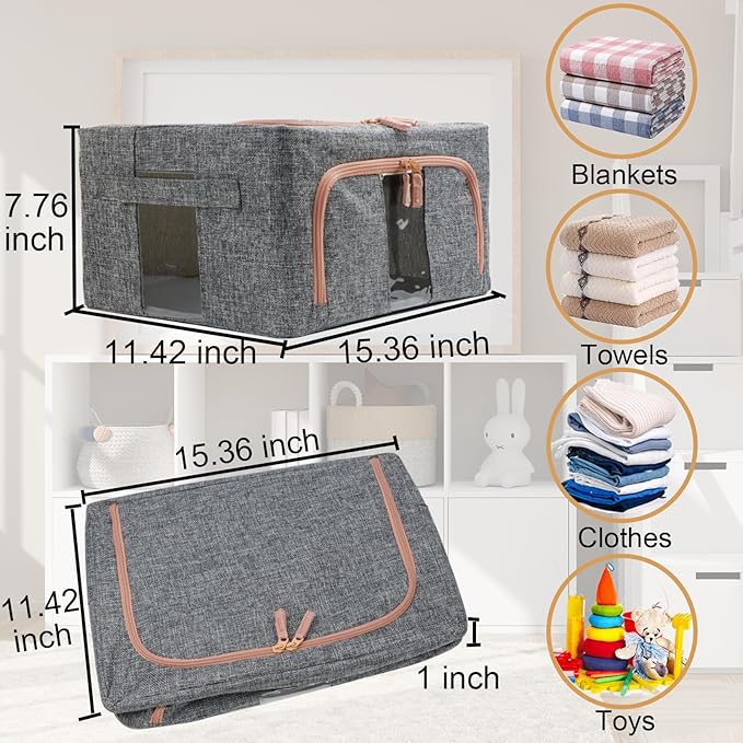 Linen Clothes Storage Bins, 2 Opening Ways Fabric Visible Lidded Storage Box - Image 5