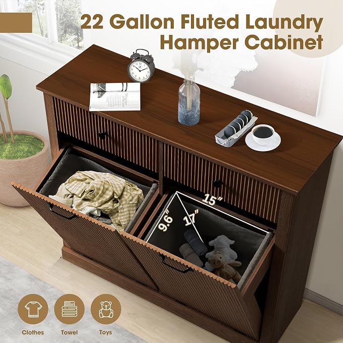 Grepatio Tilt Out Fluted Laundry Hamper Cabinet, 22 Gallon Double Hidden - Image 5