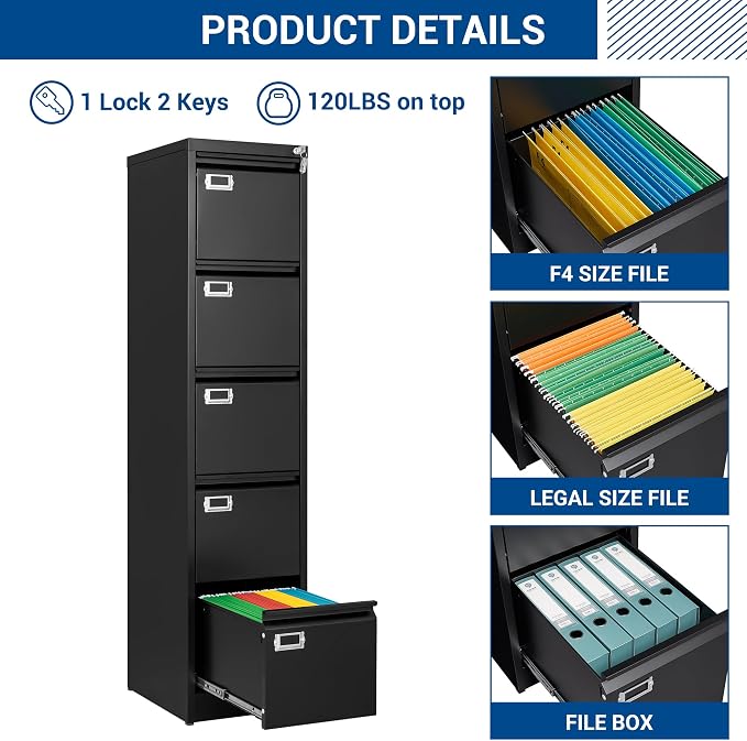File Cabinets - 5 Drawers Vertical 17.8" Deep Lockable Filing Cabinet - Black & - Image 9