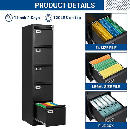 File Cabinets - 5 Drawers Vertical 17.8" Deep Lockable Filing Cabinet - Black & - Image 9