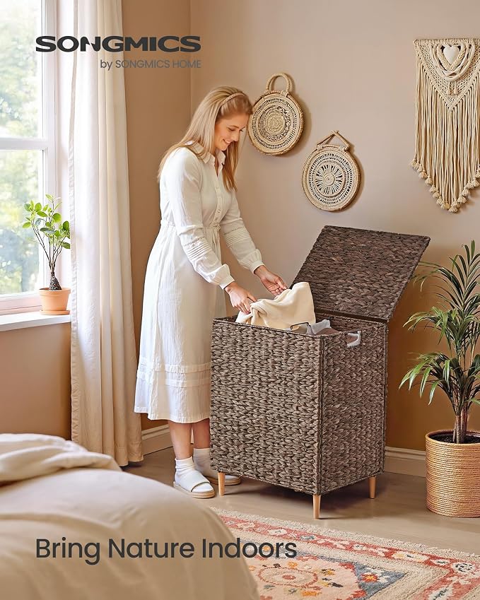 SONGMICS Laundry Hamper 2 Sections, 34.3 Gal. Handwoven Water Hyacinth Wicker - Image 2